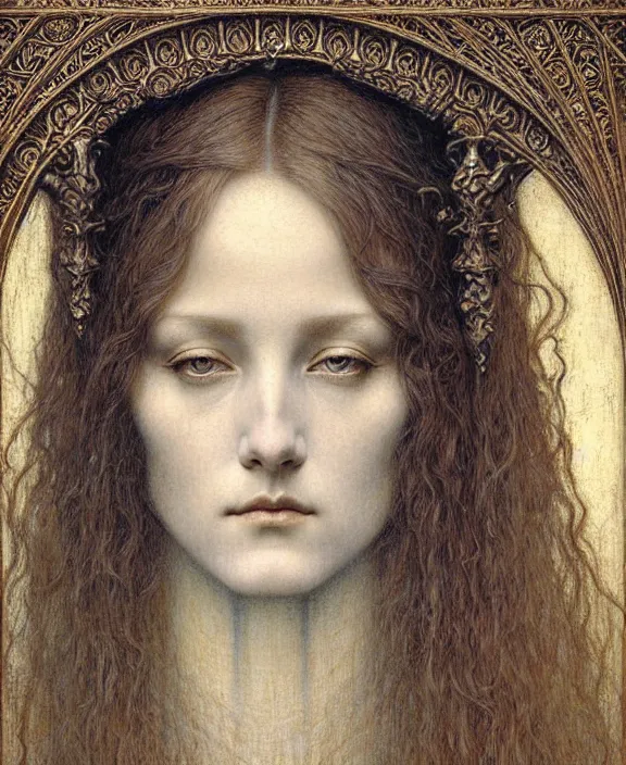 Image similar to detailed realistic beautiful young medieval queen face portrait by jean delville, gustave dore and marco mazzoni, art nouveau, symbolist, visionary, gothic, pre - raphaelite. horizontal symmetry