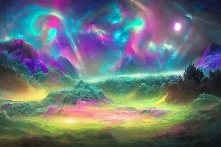 Prompt: a psychedelic landscape at the edge of the known universe, astral beings sharing love!!!!, in the style of greg rutkowski! and wlop and lisa frank! and bob ross!!! and ruan jia, illustration, epic, fantasy, hyper detailed, smooth, chromatic, iridescent, subsurface scattering