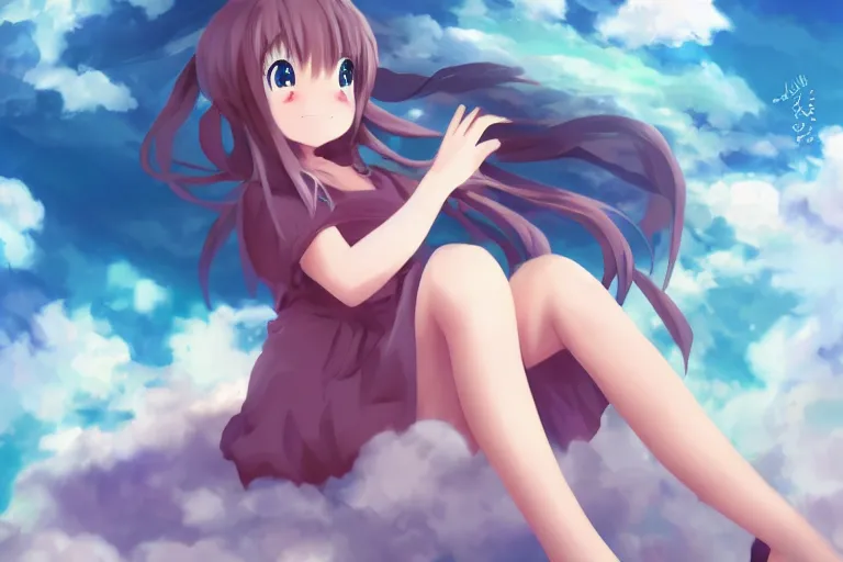 Image similar to a cute anime girl sitting on a cloud, digital painting, anime, portrait