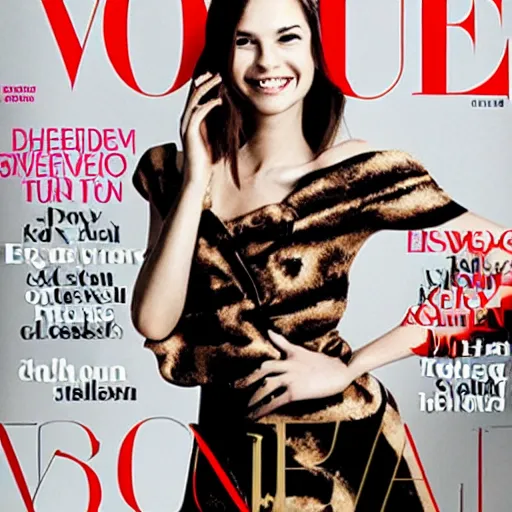 Prompt: representation of a young woman with a happy face in the year 2012 in vogue magazine cover