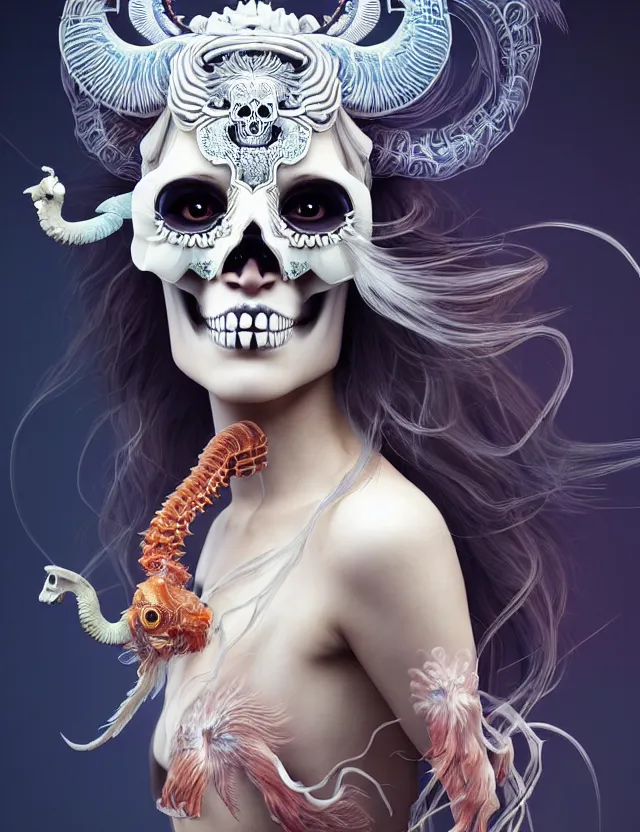 Image similar to 3 d goddess skull half - turn portrait with long hair with ram skull. beautiful intricately detailed japanese crow kitsune mask and clasical japanese kimono. betta fish, jellyfish phoenix, bio luminescent, plasma, ice, water, wind, creature, artwork by tooth wu and wlop and beeple and greg rutkowski