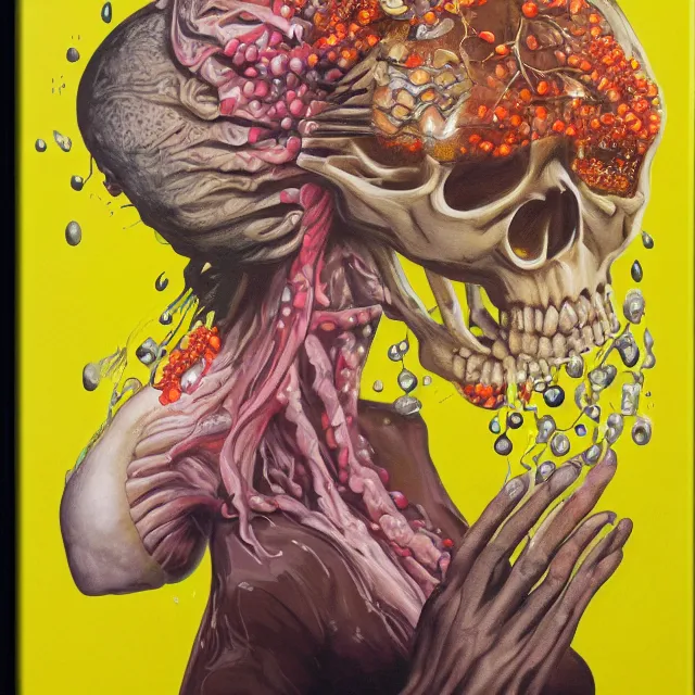 Prompt: a women holding a glowing brain, sparks, honeycomb, organic, femme, high voltage warning sign, pancakes, berries, octopus, surgical supplies, skull, scientific glassware, art materials, candle dripping wax, berry juice drips, neo - expressionism, surrealism, acrylic and spray paint and oilstick on canvas