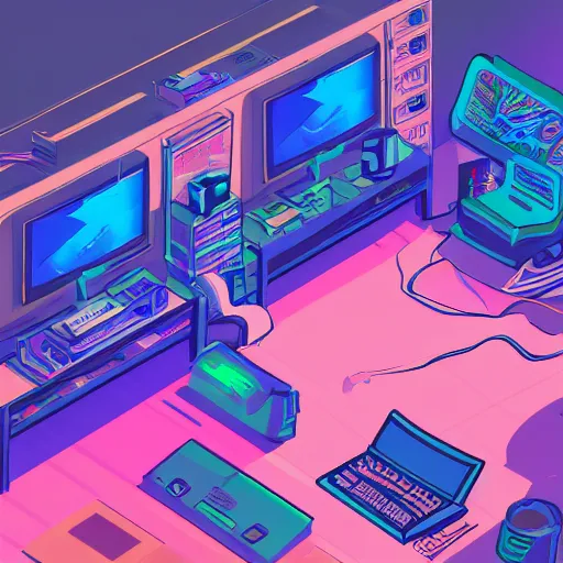 Prompt: aerial view of a guy laying on the floor of his bedroom surrounded by electronics computers food video games, vaporwave colors, faded effect, highly detailed, digital painting, artstation, concept art, soft light, sharp focus, illustration