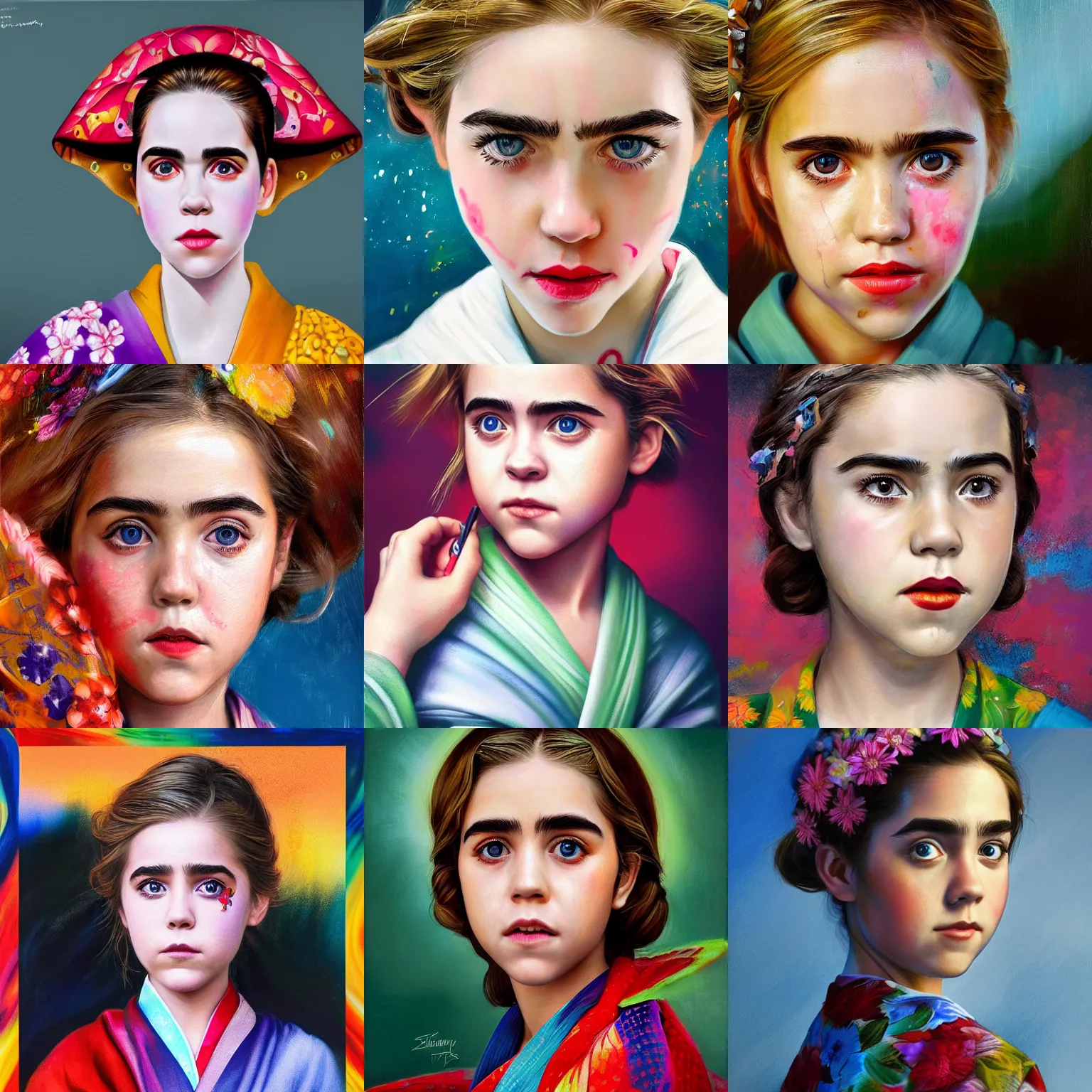 Prompt: stunning, breathtaking, awe - inspiring award - winning concept art face portrait painting by steve mccurry of kiernan shipka wearing a colorful yukata, unreal engine, trending on artstation