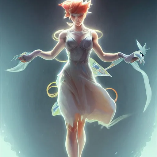 Image similar to Misty from Pokemon, fantasy, intricate, elegant, highly detailed, digital painting, artstation, concept art, matte, sharp focus, illustration, art by Artgerm and Greg Rutkowski and Alphonse Mucha