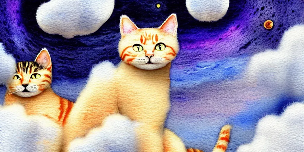 Prompt: a ultradetailed watercolor art of cat with wool felting clouds illustration by nico delort, alien mountains background, 4 k resolution, matte painting, tarot card style, nasa photo