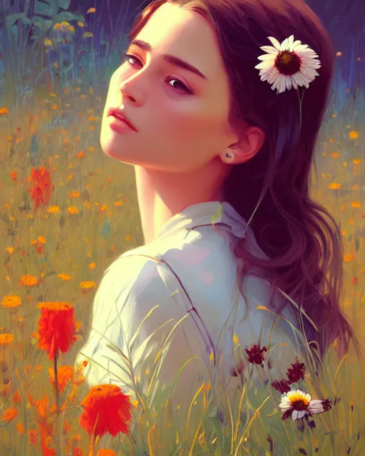 Image similar to stylized portrait of an artistic pose, composition, young lady sorrounded by nature, meadow, flowers, realistic shaded, fine details, realistic shaded lighting poster by ilya kuvshinov, magali villeneuve, artgerm, jeremy lipkin and michael garmash and rob rey