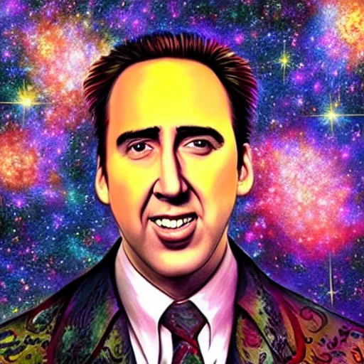 Image similar to nicholas cage very happy expression, cosmic starfield background digital art