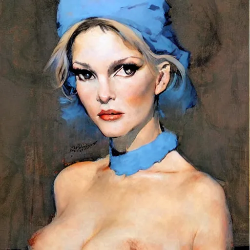 Prompt: Portrait frontal d'une femme chauve ricanante avec des cornes et des yeux bleus glacés, par Robert McGinnis.