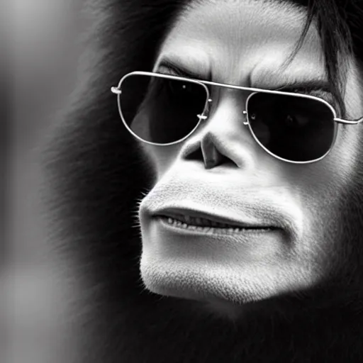 Image similar to michael jackson 2 0 0 9 wearing shades, alone, this is it style, photo real, pores, motion blur, sitting with bubbles the chimp window open, real life, spotted, ultra realistic face, accurate, 4 k, movie still, uhd, sharp, detailed, cinematic, render, modern