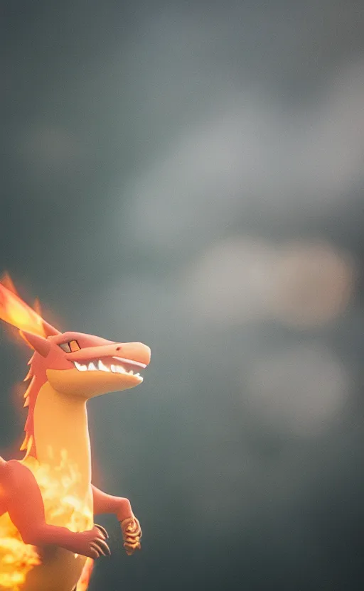 Image similar to a photograph of a realistic charizard, photography, highly detailed, depth of field, bokeh, volumetric fog