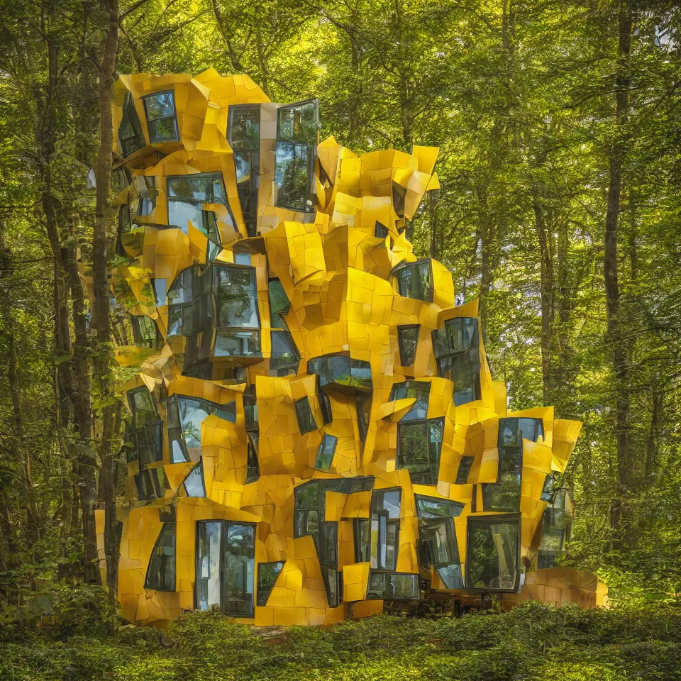 Image similar to a tiny tiny house in a light forest, designed by Frank Gehry. Tiles. Film grain, cinematic, yellow hue