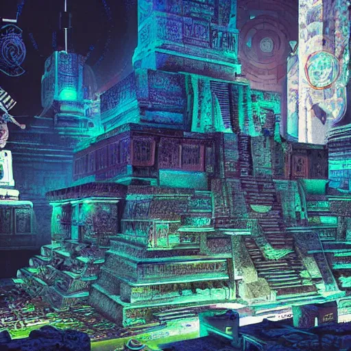 Image similar to Mayan temples merged with cyberpunk futuristic aesthetic 4k highly detailed intricate engravings of esoteric symbols