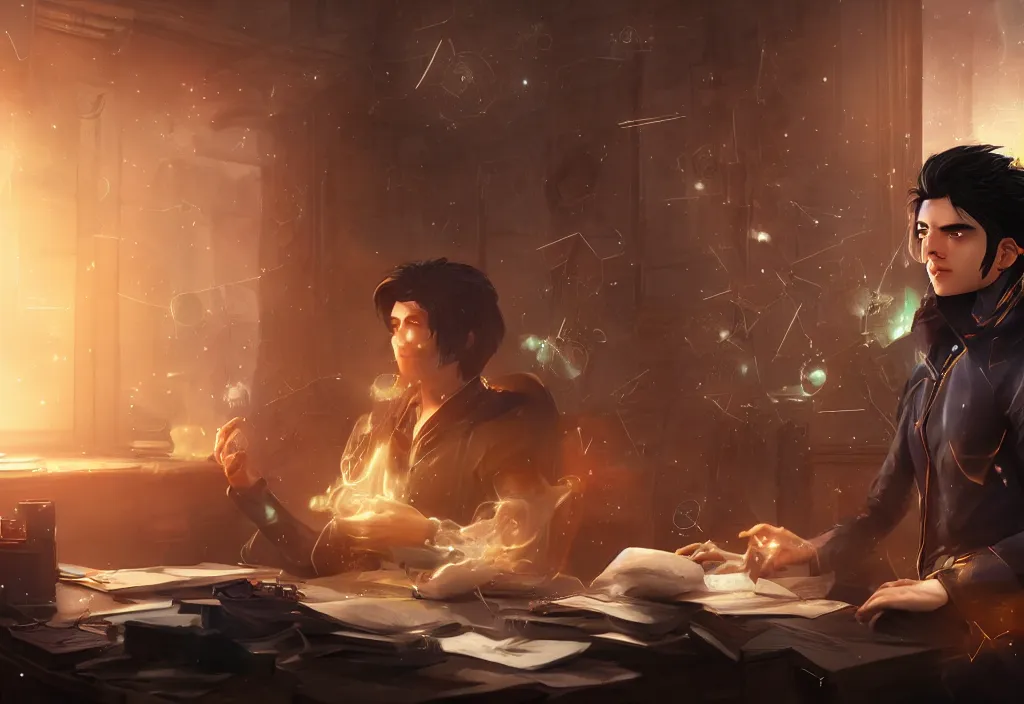 Prompt: a male mage in his 2 0 s with black hair sitting creating the universe, sitting on the desk in front of wide monitor. unreal engine, extremely detailed, award - winning art, trending on artstation