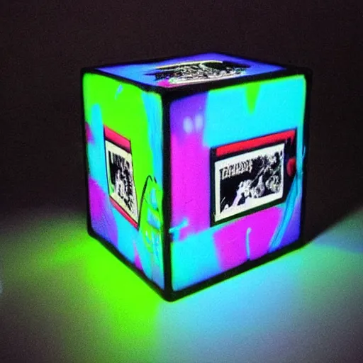 Prompt: banksy graffiti on magical black light prism cube, 1 9 9 9 aesthetic