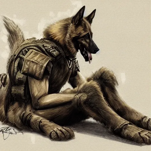 Image similar to a wounded humanoid german shepherd beast - man in military style, sitting on the carpeted floor beside a bed, highly detailed portrait, digital painting, artstation, concept art, smooth, sharp foccus ilustration, artstation