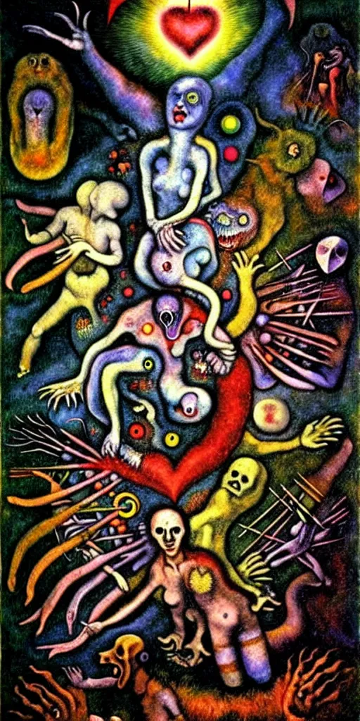 Prompt: mythical creatures and monsters in the visceral anatomical human heart imaginal realm of the collective unconscious, in a dark surreal mixed media oil painting by bosch and kandinsky, dramatic lighting from inner fire