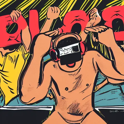 Prompt: a illustration of wrestlers wearing a vr headset, shrugging arms, movie premiere poster, close up, portrait, dramatic, 1 9 6 0 s, highly detailed