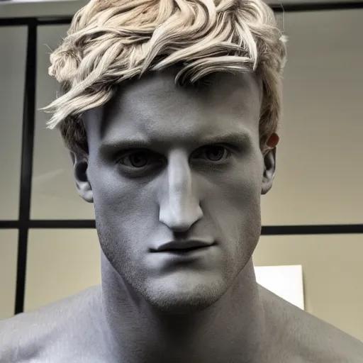 Image similar to a realistic detailed photo of a guy who is an attractive humanoid who is half robot and half humanoid, who is a male android, boxer and youtuber logan paul, shiny skin, posing like a statue, blank stare, at the museum, on display