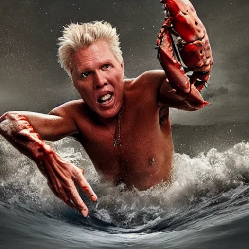 Prompt: stunning award winning hyperrealistic hdr 8 k highly detailed photo of garry busey fighting a giant humanoid crab