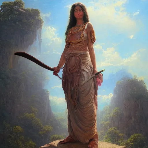 Image similar to artstation concept of a beautiful girl holding a sword in both hands, brown skin, sweaty skin, symmetrical face, casual white garment, brown canyon background, shiny colorful, hyperdetailed, artstation trending, world renowned artists, worth1000.com, historic artworks society, antique renewel, cgsociety, by greg rutkowski, by Gustave Dore, Deviantart