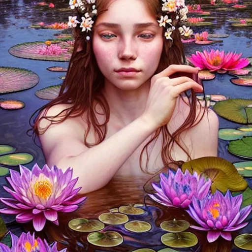 Image similar to Portrait of a girl surrounded by flowers and morphing into mushrooms while sitting at a pond with waterlilies, face, fantasy, intricate, elegant, highly detailed, digital painting, artstation, concept art, smooth, sharp focus, illustration, art by Fernanda Suarez and Artem Demura and alphonse mucha