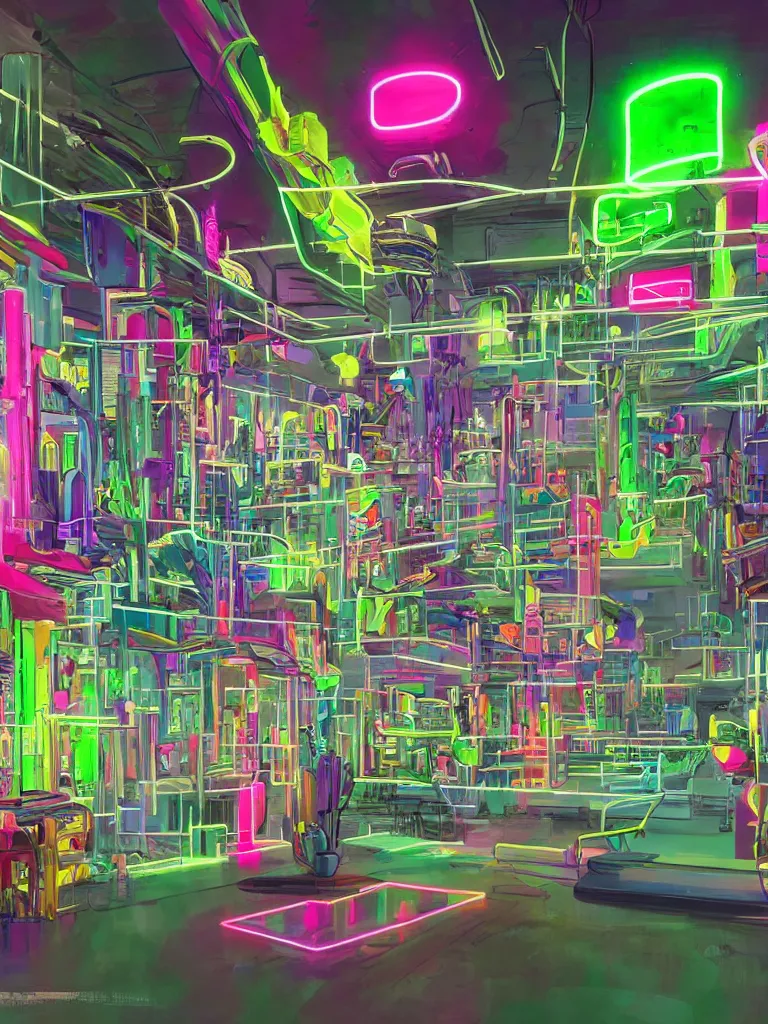 Prompt: neon glowing liquid spilling from glass tubes all over the shelves by disney concept artists, blunt borders, rule of thirds