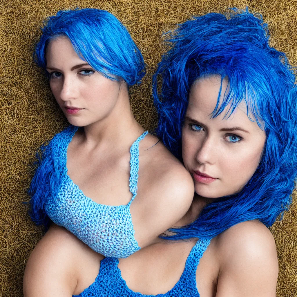 Image similar to A woman with blue hair wearing a crocheted crop-top, photorealistic portrait