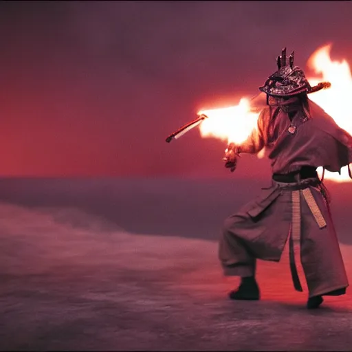 Image similar to cinematic film still of Lil’ Wayne starring as a Samurai holding fire, Japanese CGI, VFX, 2022, 40mm lens, shallow depth of field, film photography