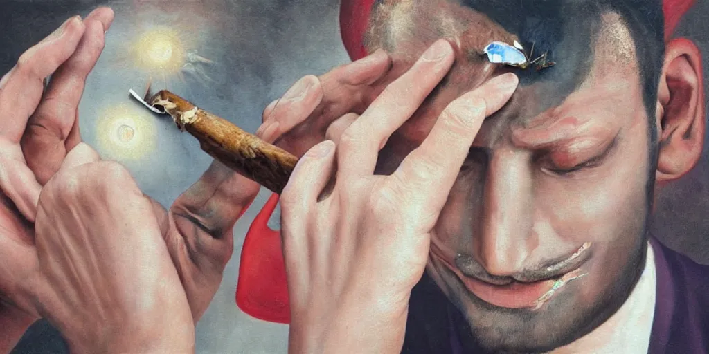 Prompt: a surreal painting of a man removing a nail from the middle of his forehead where he has a third eye