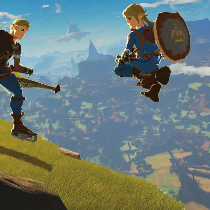 Prompt: Tony Hawk in The Legend of Zelda Breath of the Wild, detailed screenshot