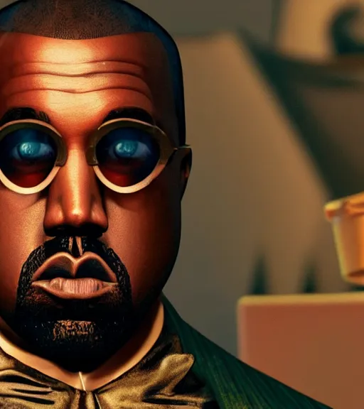 Image similar to Portrait of Kanye West as willy wonka in fallout new vegas, splash art, movie still, cinematic lighting, dramatic, octane render, long lens, shallow depth of field, bokeh, anamorphic lens flare, 8k, hyper detailed, 35mm film grain