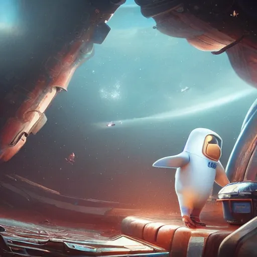 Image similar to astronaut penguin space, movie by nuri iyem, james gurney, james jean, greg rutkowski, anato finnstark. pixar. hyper detailed, 5 0 mm, award winning photography