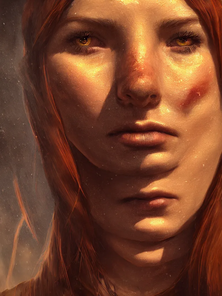 Image similar to a face portrait of a beautiful girl from skyrim, skyrim setting, close - shot, symmetrical face, warm colors, soft lighting, atmospheric, cinematic, moody, in the style of diego koi, gina heyer, luiz escanuela, art by alyssa monk, hyperrealism, rule of thirds, golden ratio, oil on canvas, 8 k