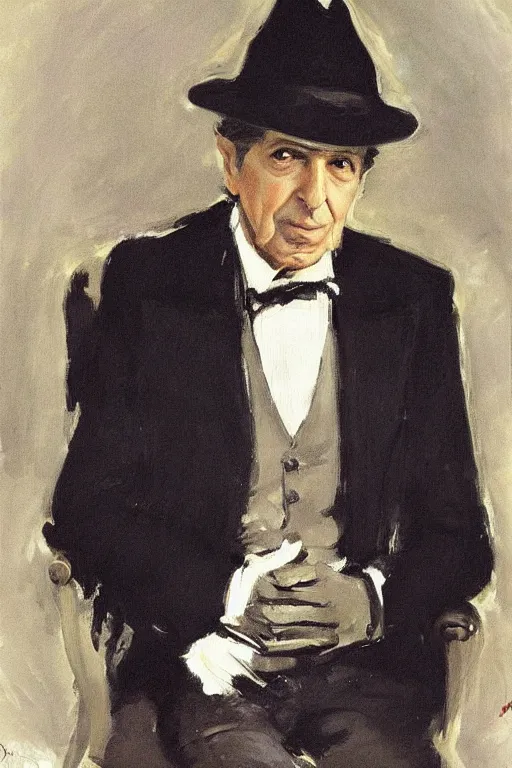 Image similar to “portrait of Leonard Cohen, impeccably dressed, wearing trilby hat, by John Singer Sargent”