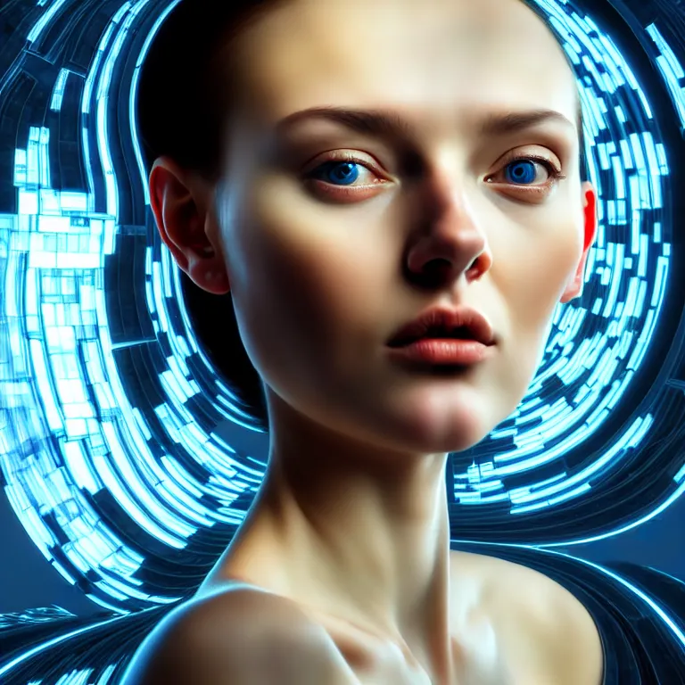 Image similar to hyperrealism photography computer simulation visualisation of parallel universe cgi scene with beautiful highly detailed ukrainian woman by caravaggio wearing neofuturistic neural interface by josan gonzalez - s 1 5 0