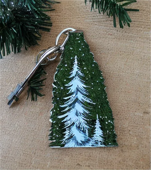 Prompt: realistic keychain of 'a snowy pine tree'