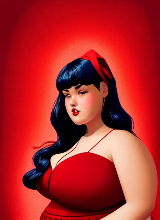 Image similar to full body portrait of teenage veronica lodge, obese, bangs, sultry, realistic, sultry smirk, wavy hair, red skirt, fat, belly, intricate, elegant, glowing lights, highly detailed, digital painting, artstation, concept art, smooth, sharp focus, illustration, art by wlop, mars ravelo and greg rutkowski