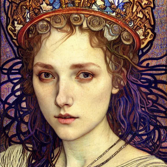 Image similar to detailed realistic beautiful young medieval queen face portrait by jean delville, alphonse mucha, vincent van gogh, and marco mazzoni, art nouveau, symbolist, visionary, gothic, pre - raphaelite