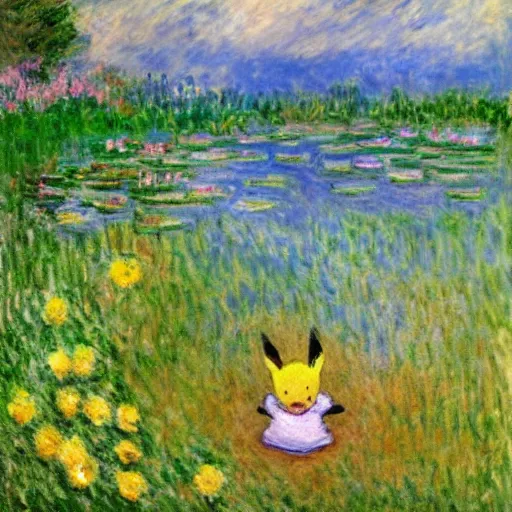 Prompt: pikachu laying relaxed near a lake surrounded by flowers, claude monet style, cloudy weather