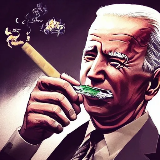 Prompt: joe biden smoking a giant smokey joint while sitting on a couch in a messed up apartment, stoned eyes, smoke, beautiful digital art, amazing detail, artstation, award winning, sharp