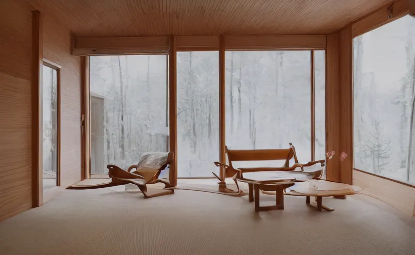 Image similar to luxurious wooden cottage by alvar aalto, modern japanese living room, japanese flower arrangements, coherent composition, architecturally accurate, architecture photography