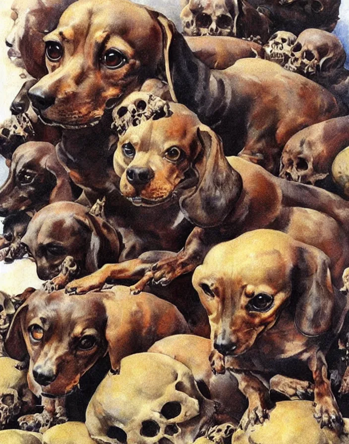 Image similar to Dachshund on top of a pile of human skulls, painting by Frank Frazetta