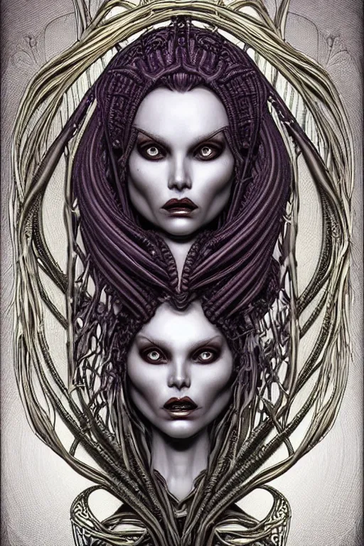 Prompt: an amorous aroused alien queen bust, with hungry inviting eyes, extremely detailed frontal art nouveau declotage and thick braided hair, perfectly symmetrical facial structure and muscle anatomy, aquiline facial features and ageless beauty, by chris achilleos, olivia and travis charest, dark fantasy, ornate complexity, female face and bust, accurate human anatomy mixed with hyper-evolved alien and cyborg characteristics, sci-fi character concept, photorealism, splatter, bill sienkiewicz, epic framing, stunning lighting, hyperrealism, 8k