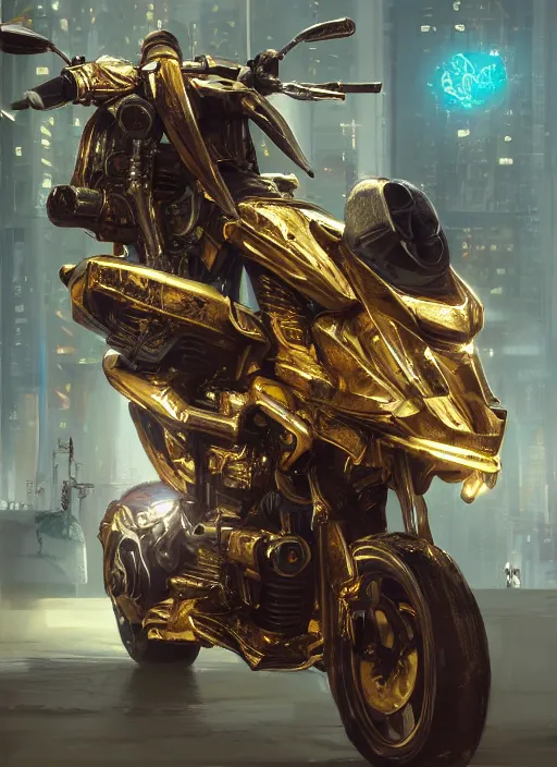 Image similar to golden scooter, cyberpunk, au naturel, hyper detailed, digital art, trending in artstation, cinematic lighting, studio quality, smooth render, unreal engine 5 rendered, octane rendered, art style by klimt and nixeu and ian sprigger and wlop and krenz cushart