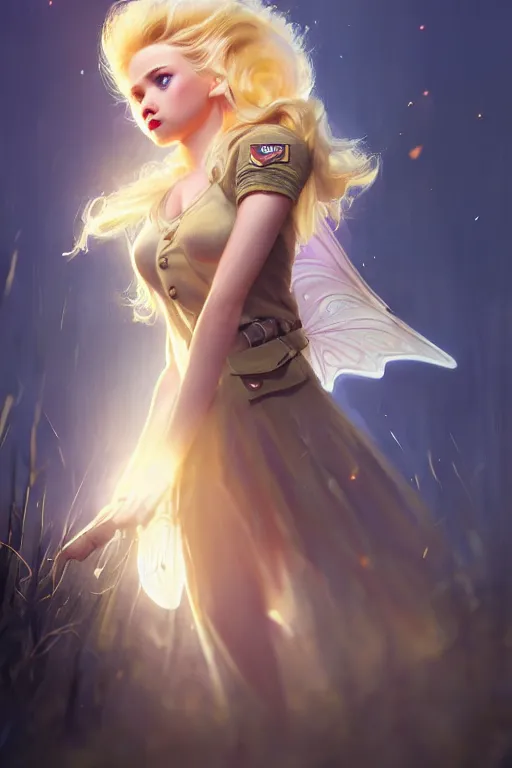 Image similar to cinematic shot of an epic portrait of a cute blonde fairy dressed in military clothes, stylised military clothes, shiny skin, beautiful eyes, beautiful, small details, night setting, realistic poster with volumetric light from craig mallism, artgerm, jeremy lipkin and michael garmash, unreal engine, radiant light, digital art, trends at art station, a masterpiece