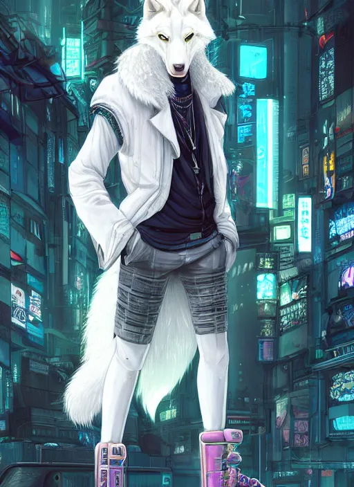 Prompt: character portrait of a male anthro albino wolf fursona with a tail and a cute beautiful attractive detailed furry face wearing stylish cyberpunk clothes in a cyberpunk city at night while it rains. hidari, color page, tankoban, 4K, tone mapping, Akihiko Yoshida. Nomax, Kenket, Rukis. comic book style, photorealistic, professional lighting, hyperdetailed, high resolution, high quality, dramatic, deviantart, artstation, 4k, real photo