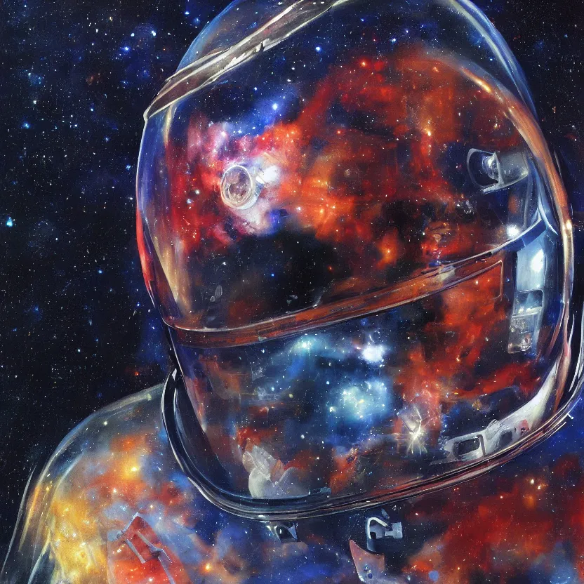 Prompt: a close - up view, renaissance portrait of a one space astronaut with face surrounded by nebula. transparent glass, space suit and reflections on it. deep blue and red tones. gloomy dark black background. highly detailed fantasy science fiction portrait painting by syd mead and mikhail vrubel. rich colors, high contrast. artstation