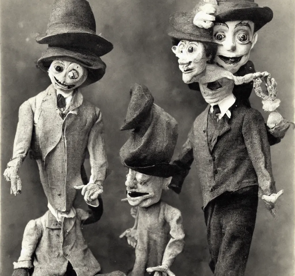 Prompt: a ventriloquist figure wearing a funny hat, ventriloquist dummy head, smiling, photograph, style of atget, nightmare, concept art, creepy, antique