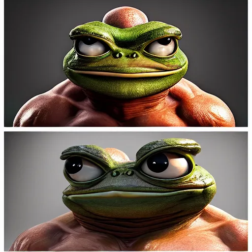 Image similar to bodybuilder pepe the frog, au naturel, hyper detailed, digital art, trending in artstation, cinematic lighting, studio quality, smooth render, unreal engine 5 rendered, octane rendered, art style by klimt and nixeu and ian sprigger and wlop and krenz cushart